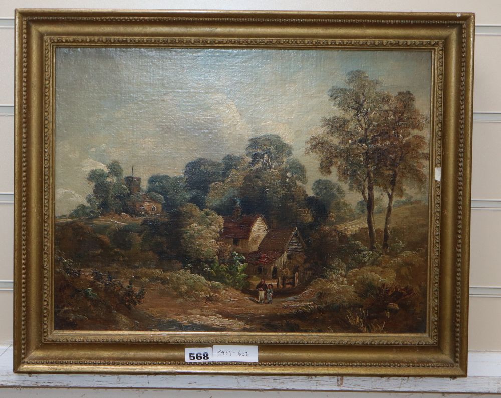Late 19th century English School, oil on canvas, Figures in a rustic landscape, 32 x 42cm